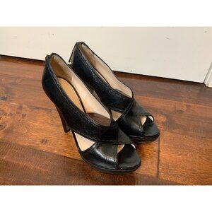 Prada Black Leather Criss-Cross Open Toe Platform Heels, Size 8.5 | 38.5